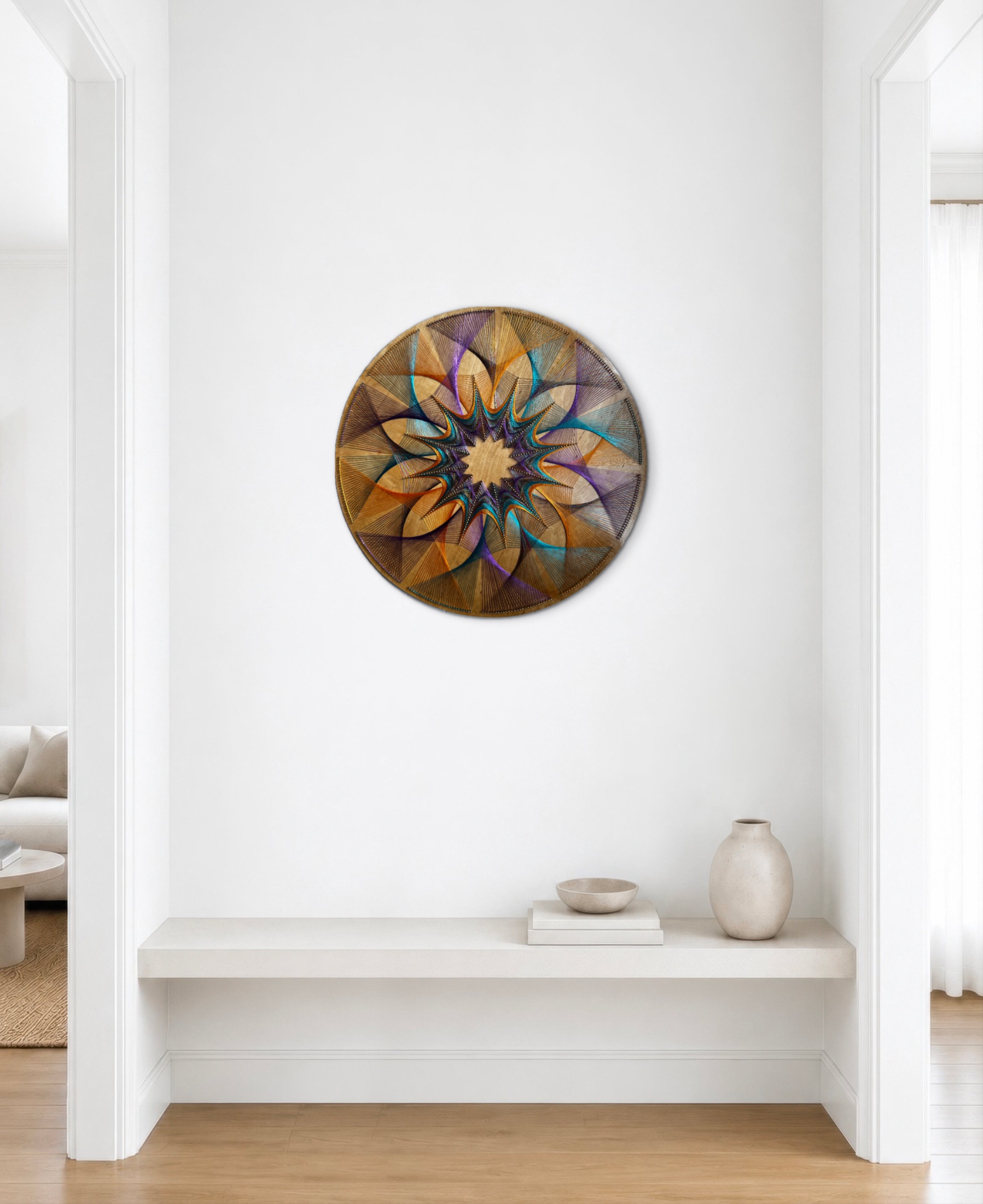 Geometric String Art Wall Decor – Handmade Sacred Geometry Mandala Art, Boho Meditation & Yoga Room Wall Art, detail view 3 — handmade string art by Asja