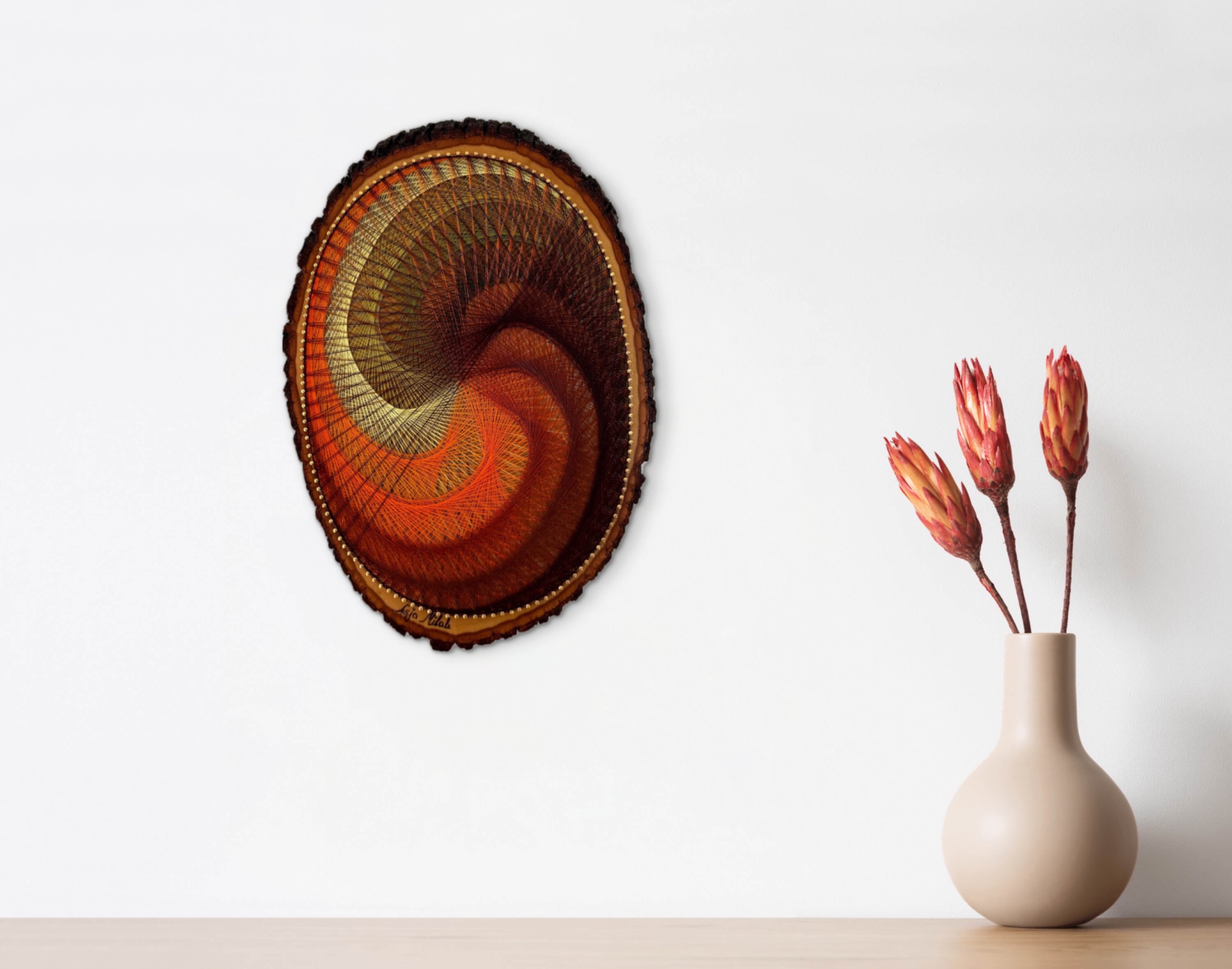 Autumn Spiral String Art on Live-Edge Wood – Earthy Orange Brown Geometric Wall Art, Handmade Rustic Boho Decor — handmade string art by Asja