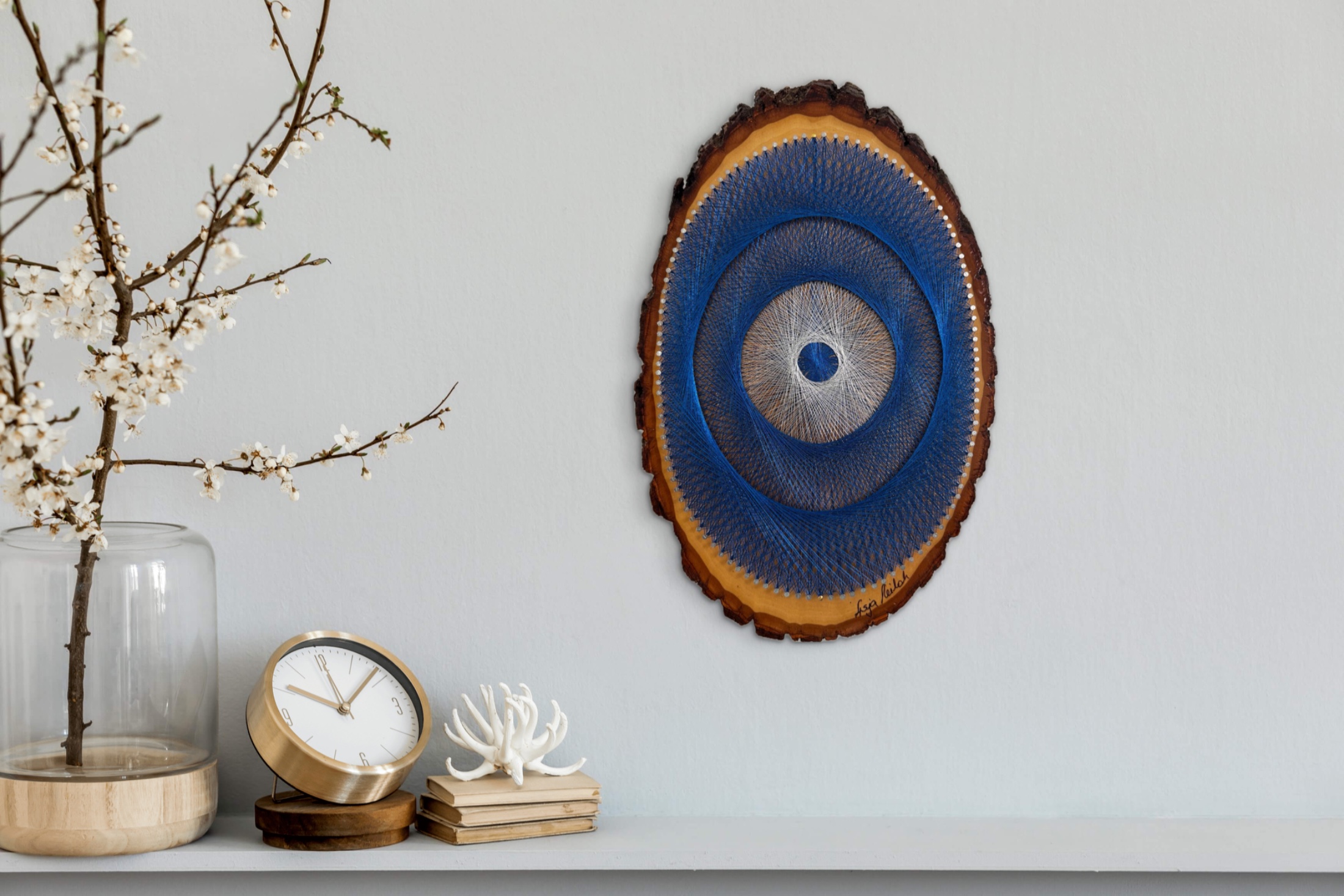 Blue Evil Eye String Art on Live-Edge Wood – Cobalt & Silver Protection Wall Art, Handmade Boho Decor — handmade string art by Asja