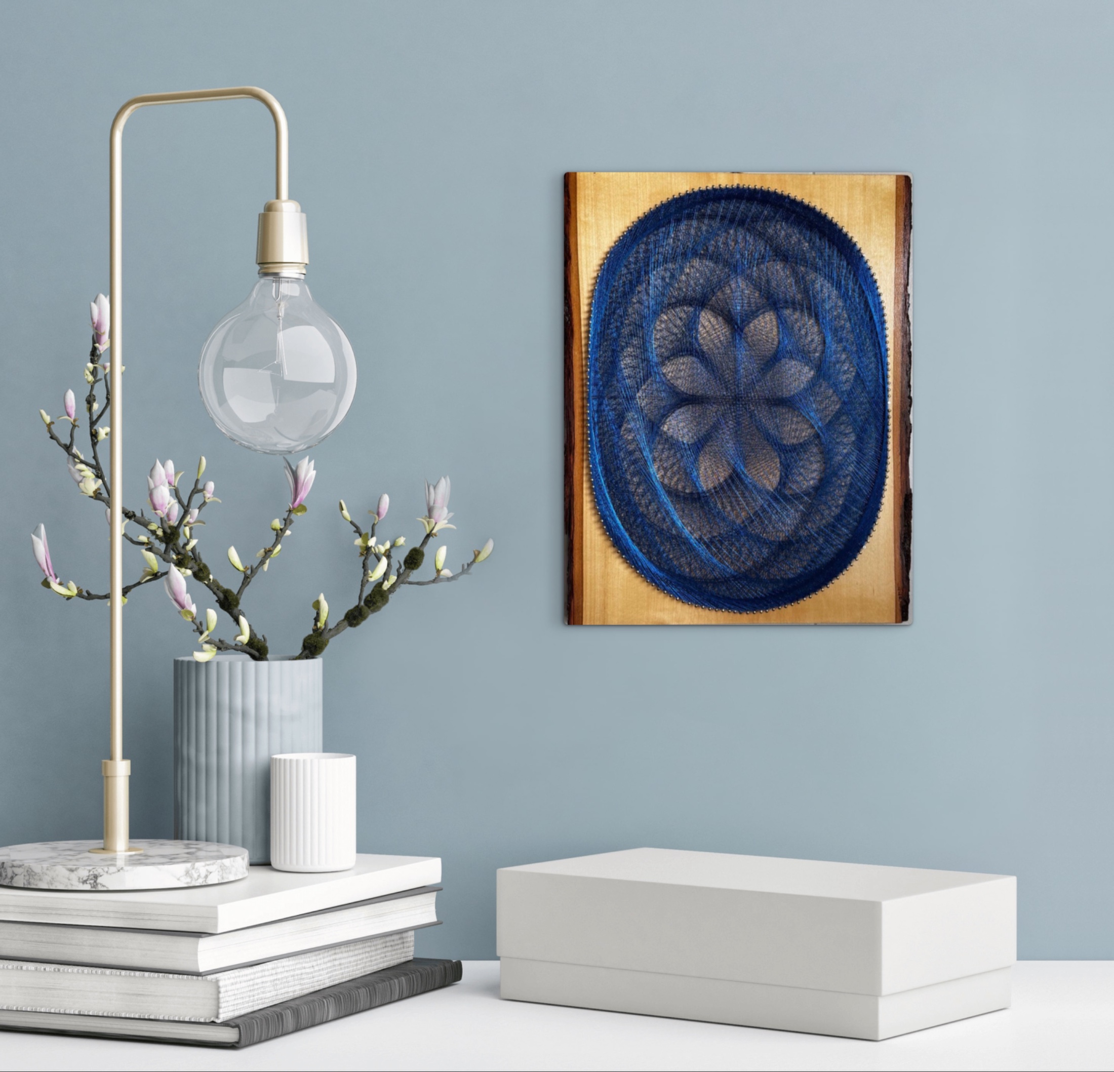 Blue Dahlia String Art on natural live-edge wood by Asja