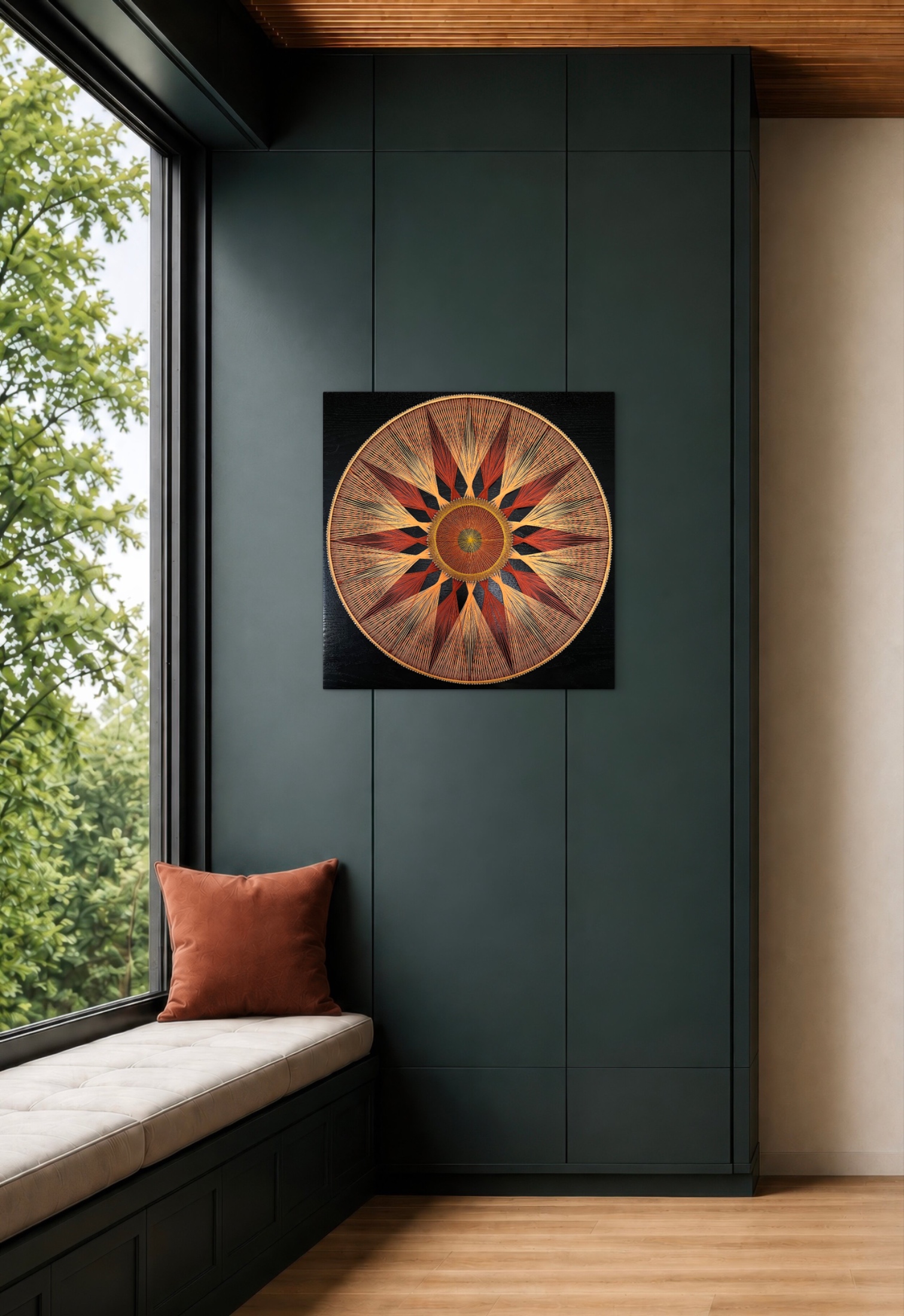 Warm red and gold sunburst string art