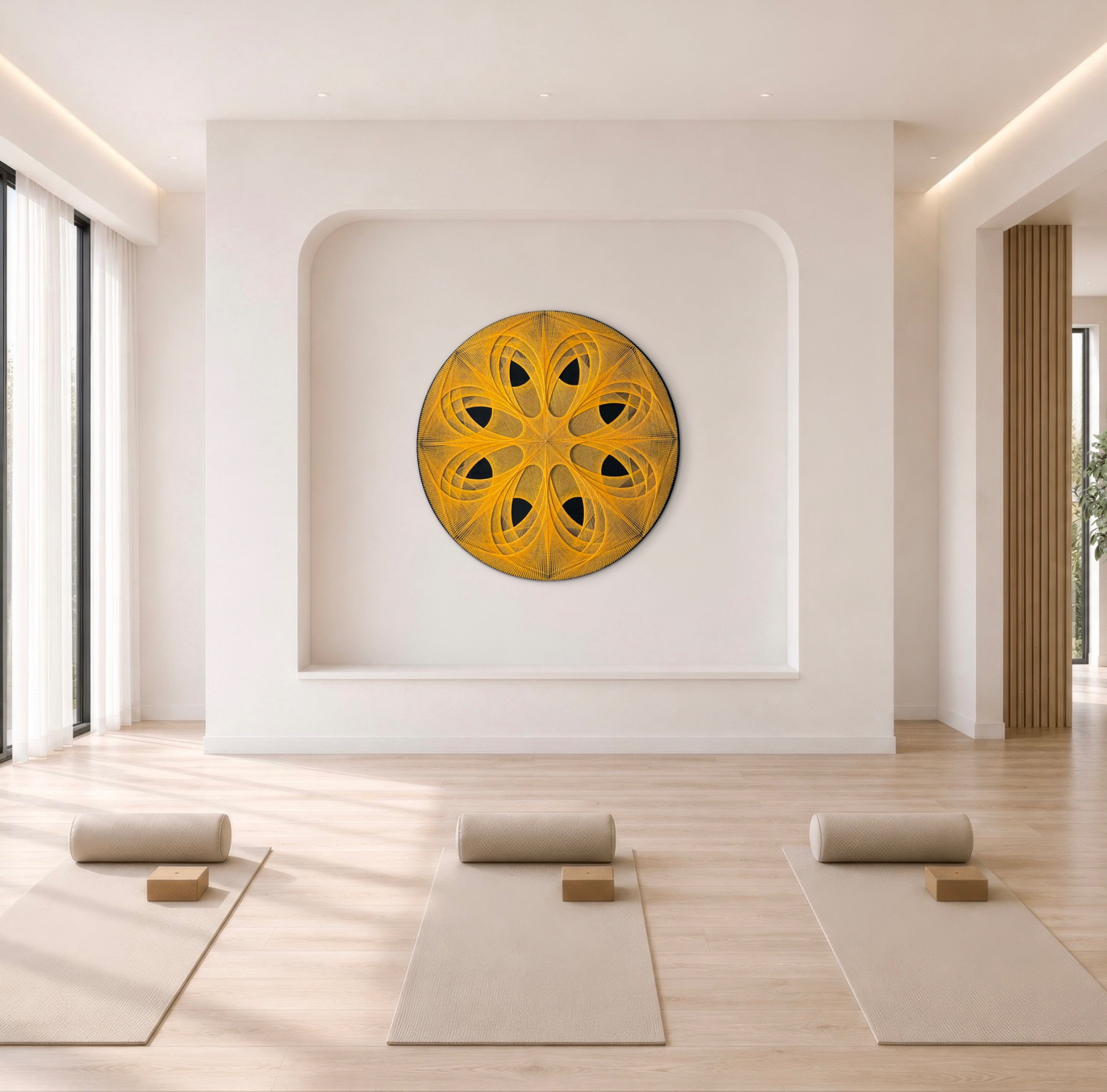 Large golden sacred geometry mandala in a serene yoga room
