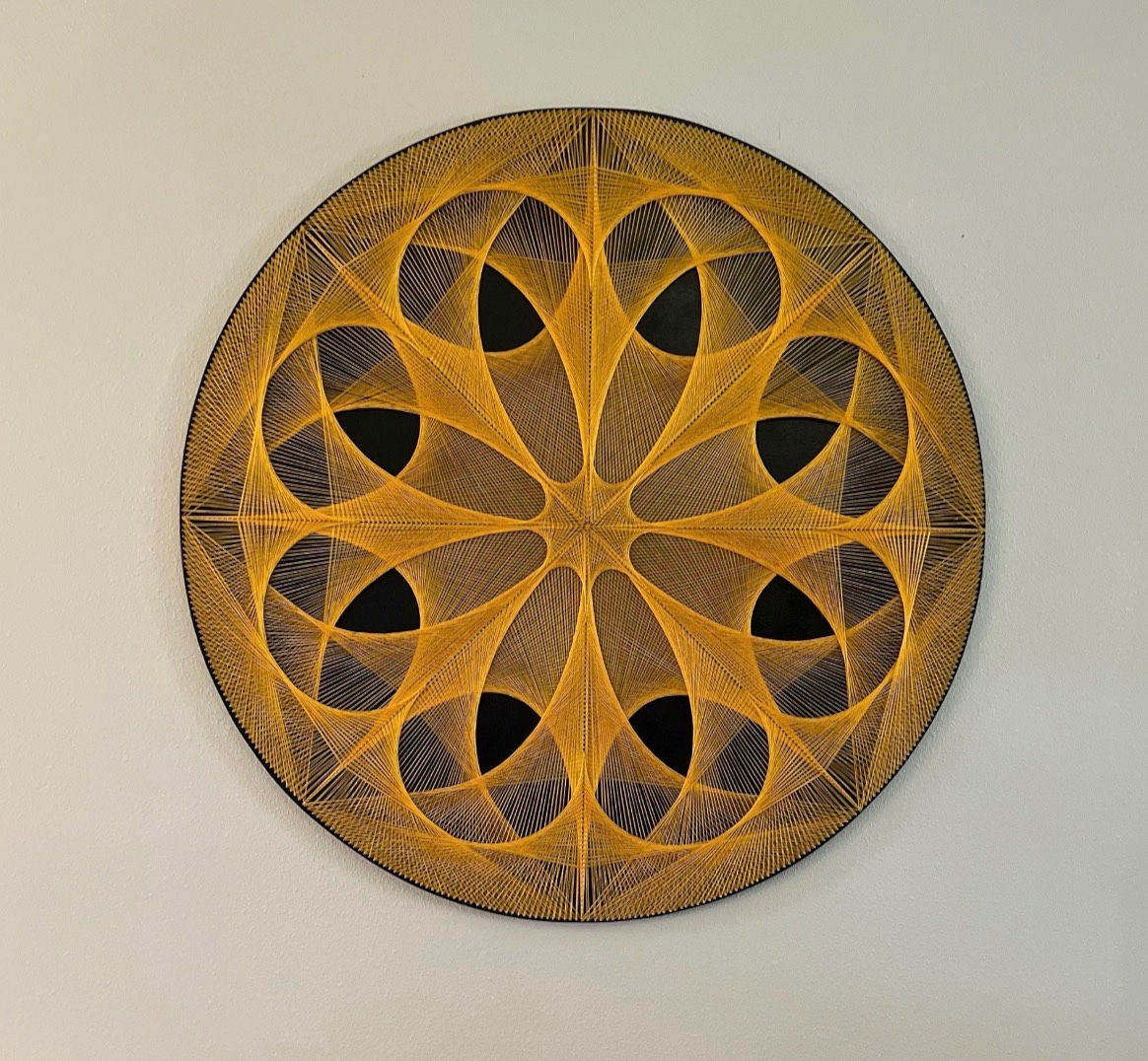 48” Golden Sacred Geometry String Art Mandala – Large Yoga Studio Wall Art, Handmade Meditation Decor, detail view 2 — handmade string art by Asja