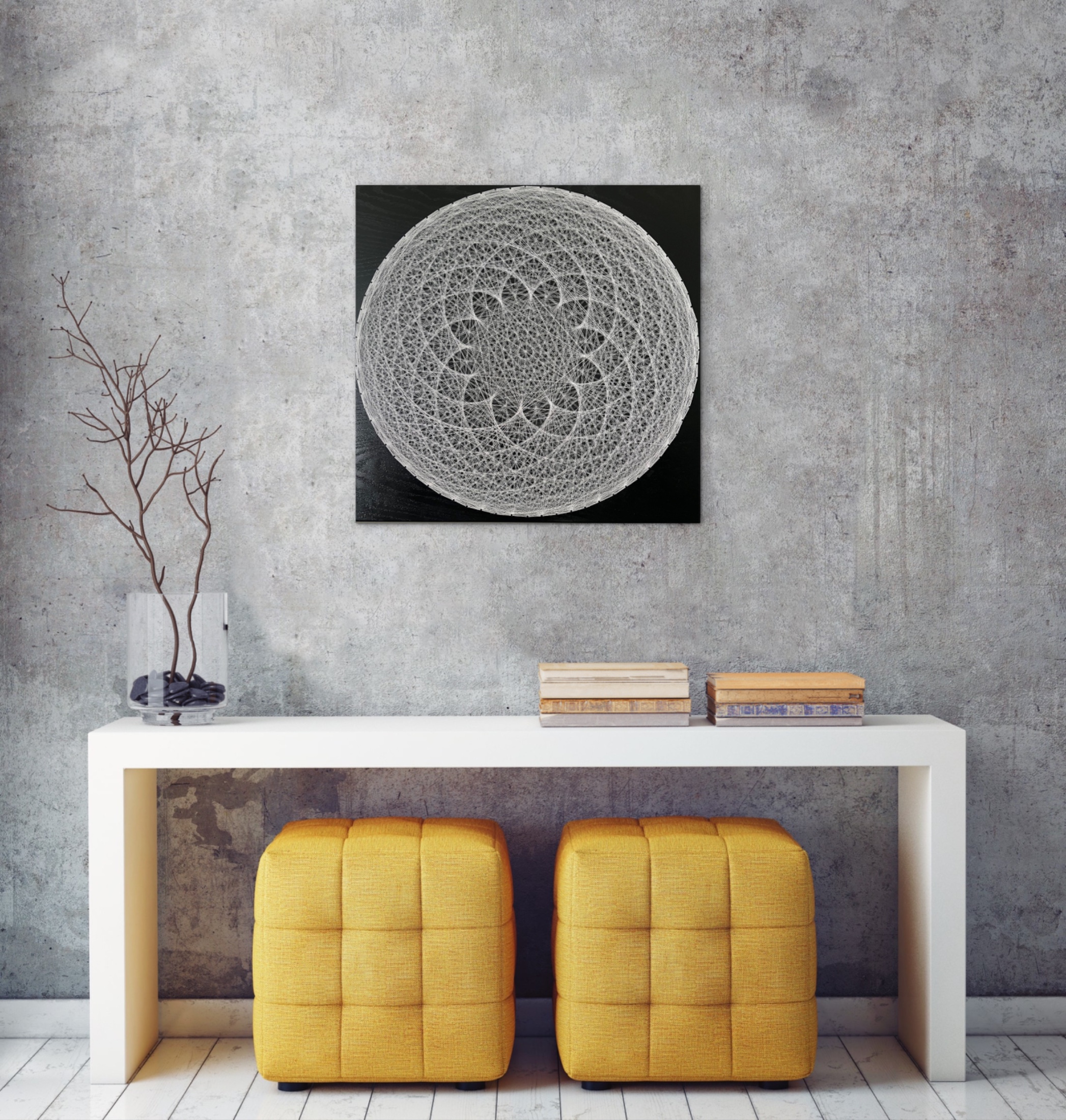 Black & White Sacred Geometry String Art Mandala – Cosmic Geometric Wall Art, Modern Meditation Decor — handmade string art by Asja