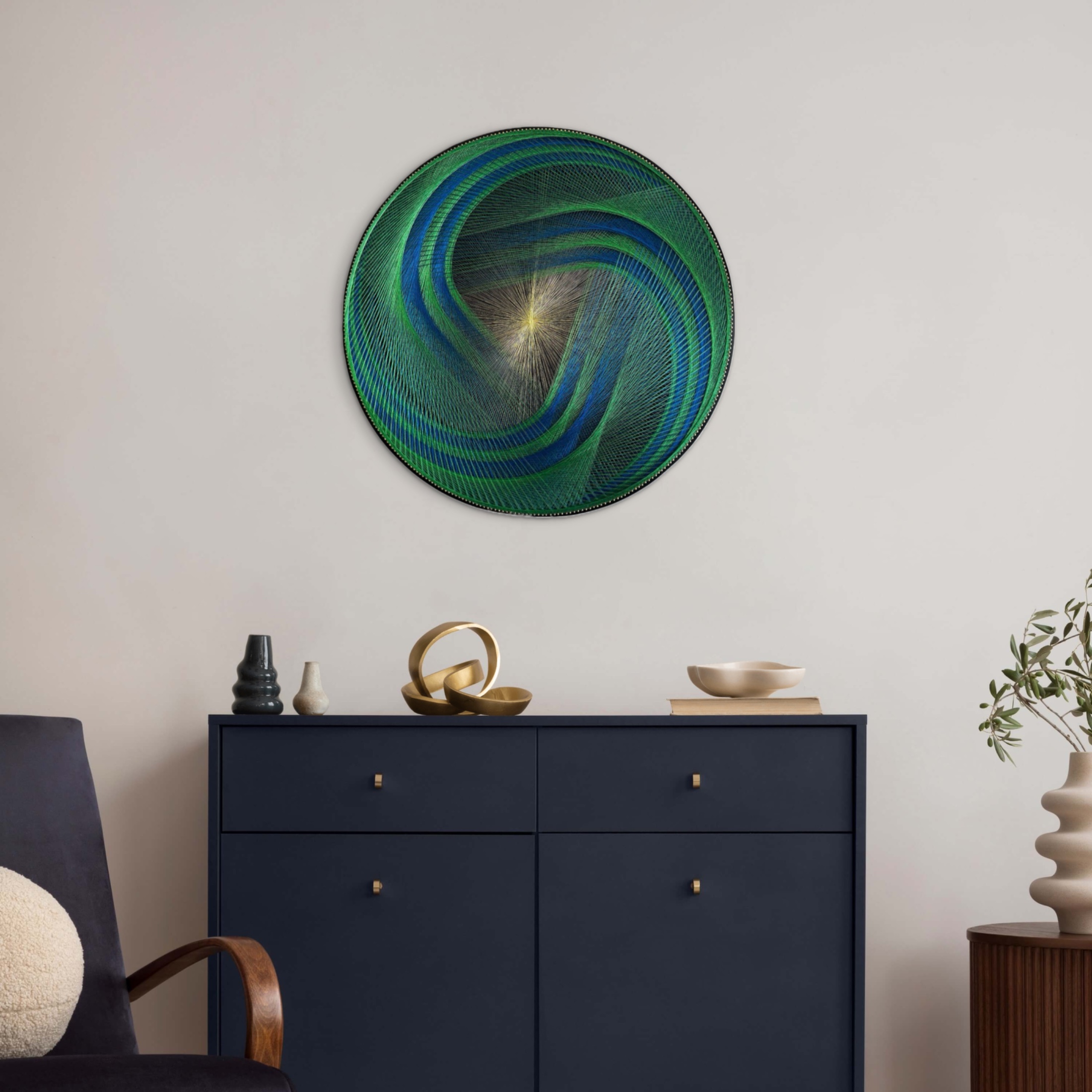 Green Blue Spiral String Art Mandala – Sacred Geometry Wall Art, Handmade Meditation & Yoga Studio Decor — handmade string art by Asja
