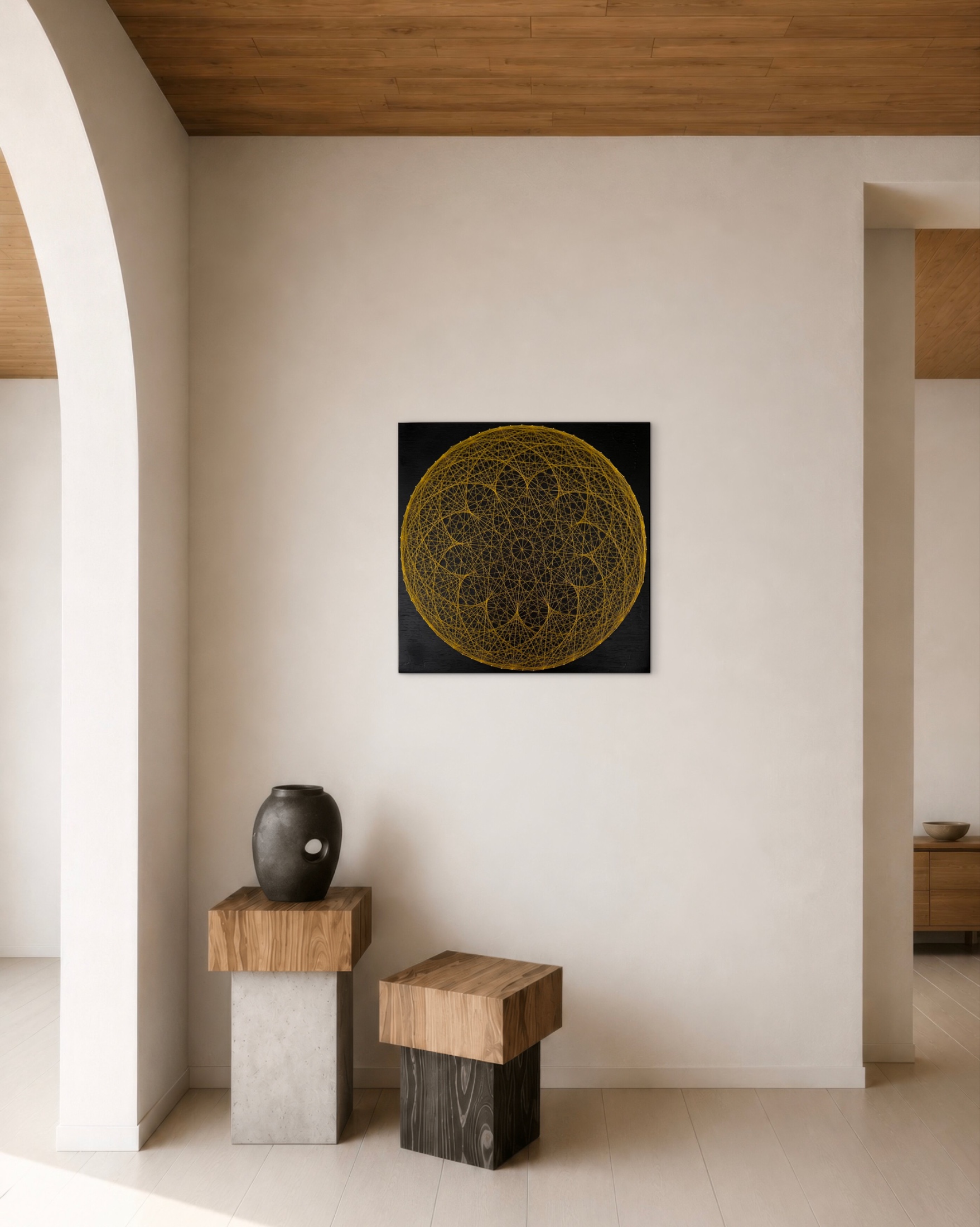 Golden Sacred Geometry String Art Mandala – Black & Gold Modern Wall Art, Meditation & Yoga Studio Decor — handmade string art by Asja