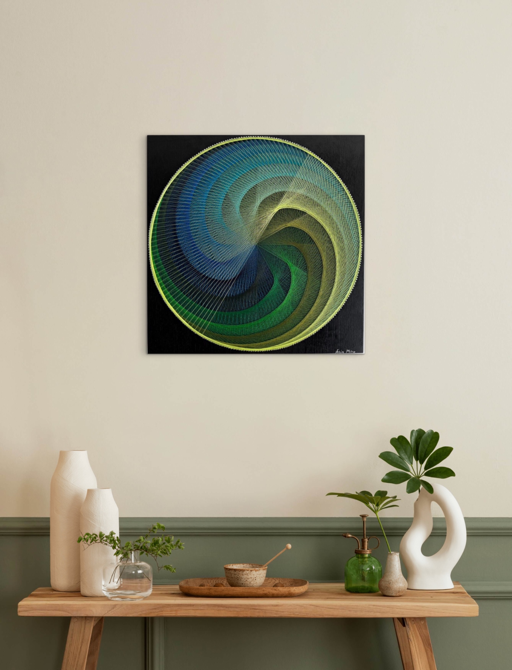 Blue Green Spiral String Art Mandala – Handmade Sacred Geometry Wall Art on Black Wood — handmade string art by Asja