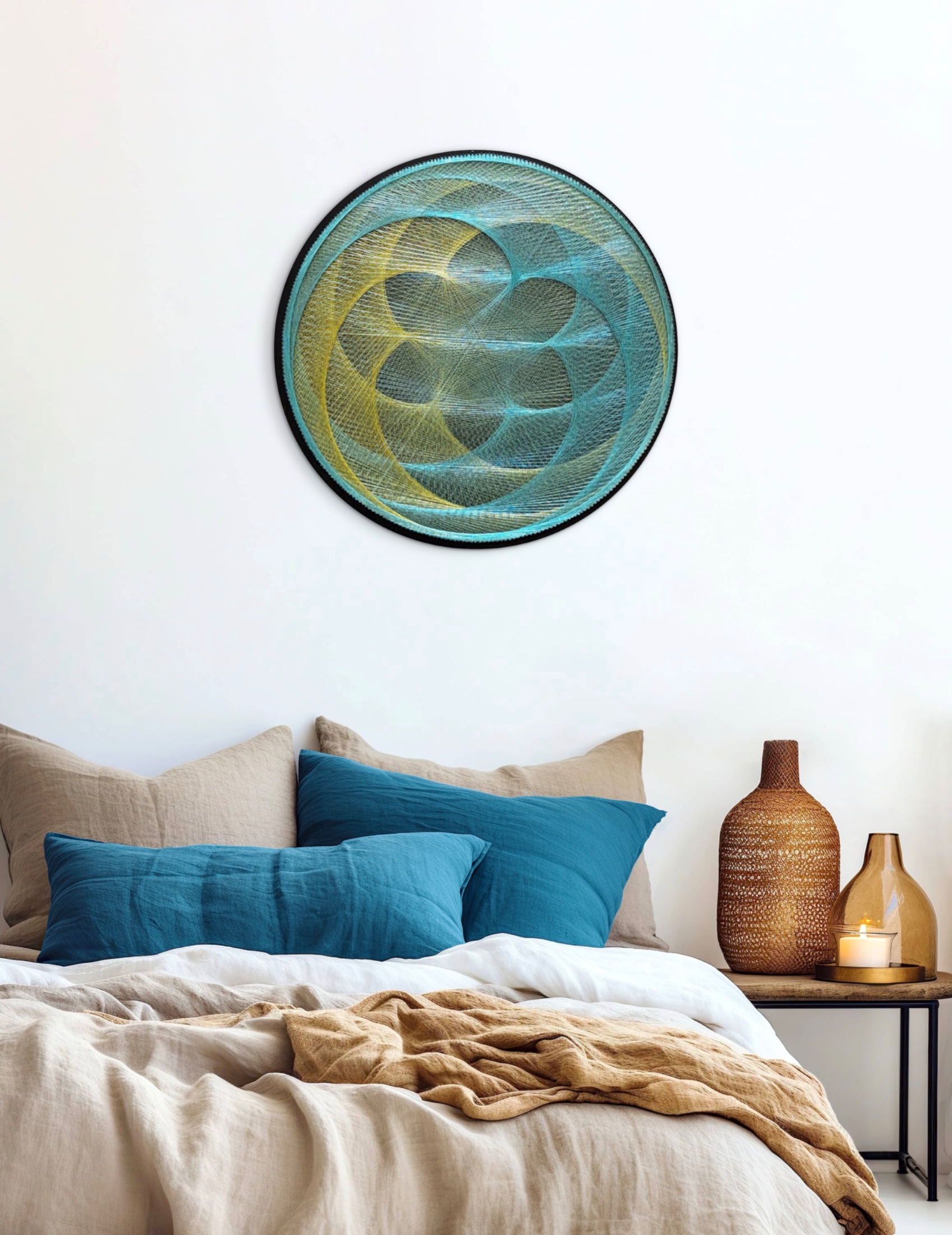 Aqua Sacred Geometry String Art – Handmade Blue Yellow Mandala Wall Art, Bedroom & Meditation Decor — handmade string art by Asja