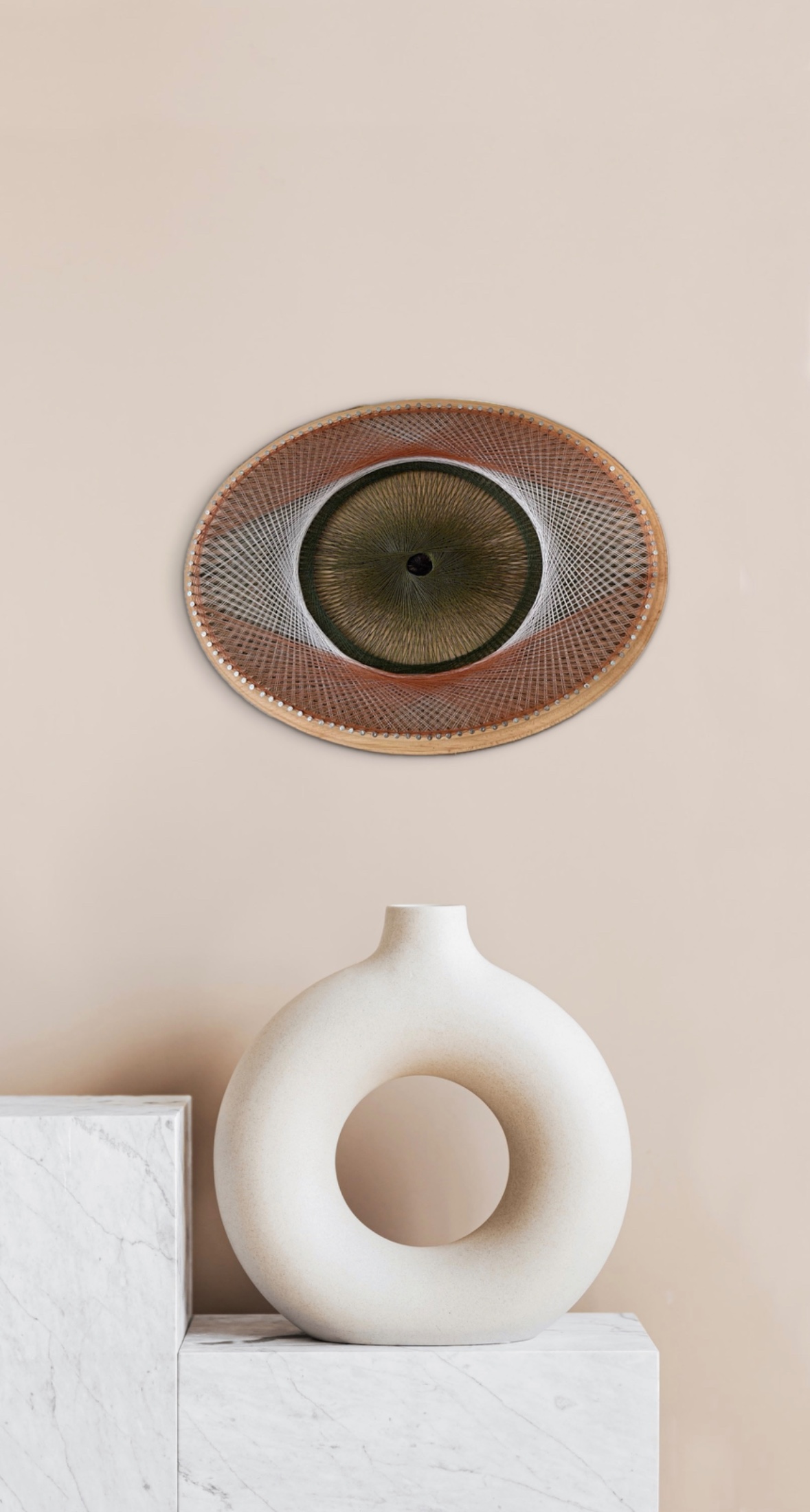 Earthy Evil Eye String Art on Live-Edge Wood – Handmade Neutral Protection Wall Decor — handmade string art by Asja