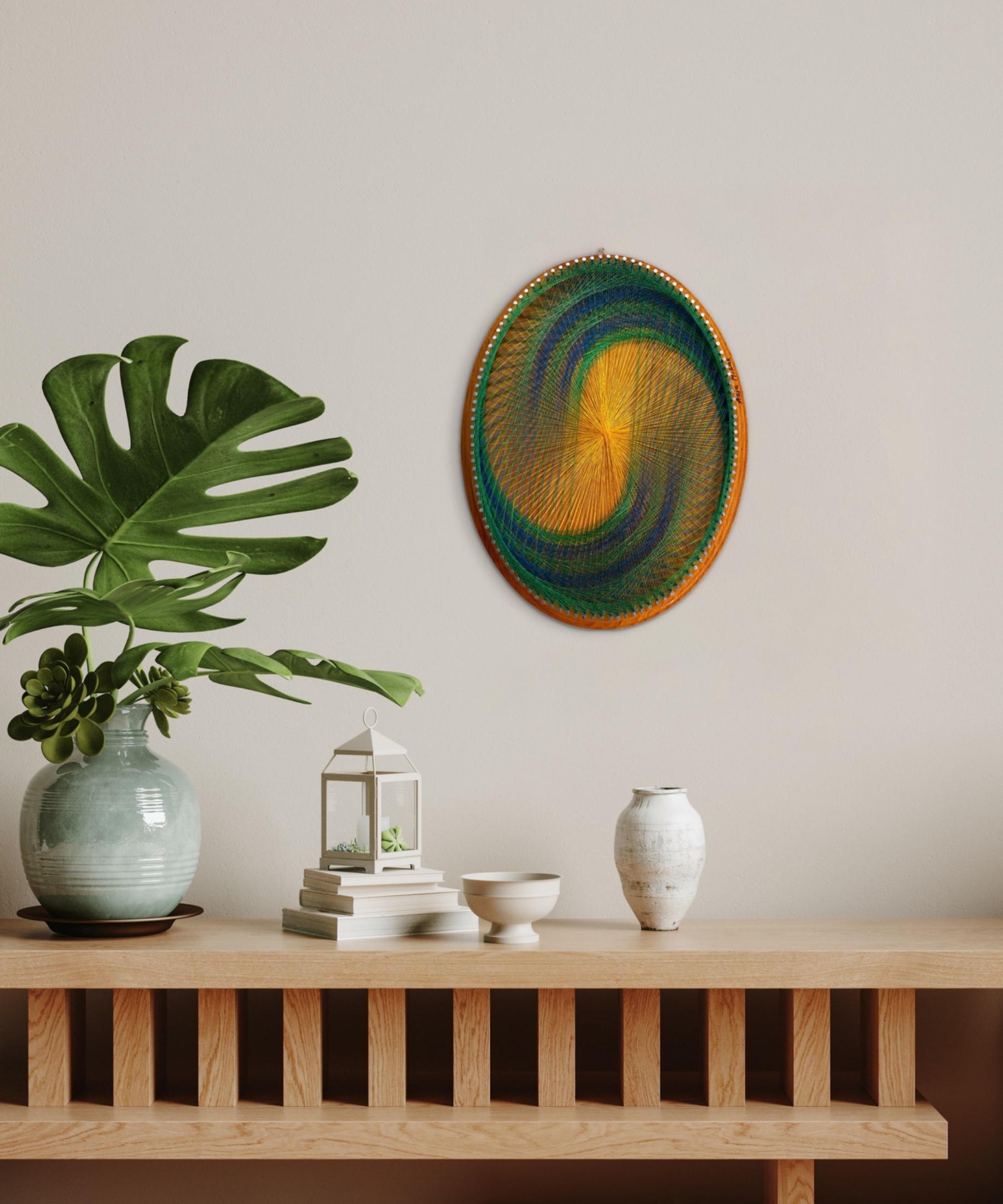 Golden Sunburst Spiral String Art – Blue Green Geometric Wall Art on Natural Wood — handmade string art by Asja