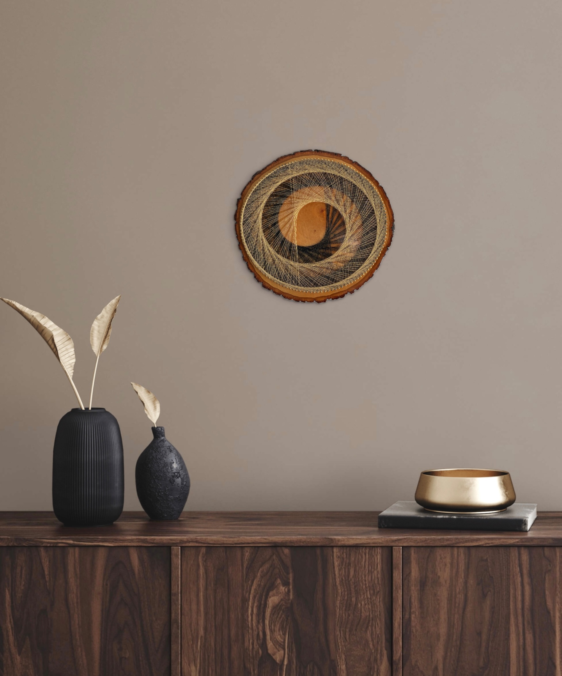 Gilded Eclipse — Black & Gold Live-Edge String Art — handmade string art by Asja