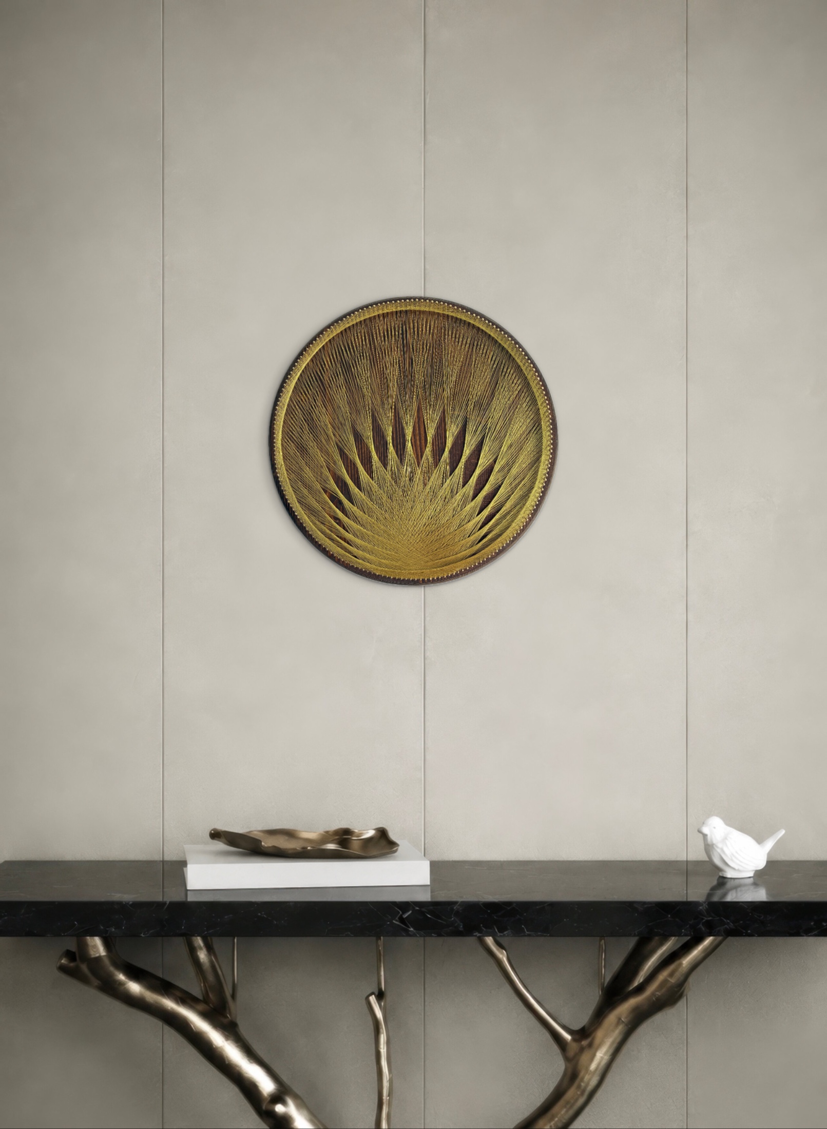 Gold String Art on Dark Wood - Handmade Geometric Wall Art — handmade string art by Asja
