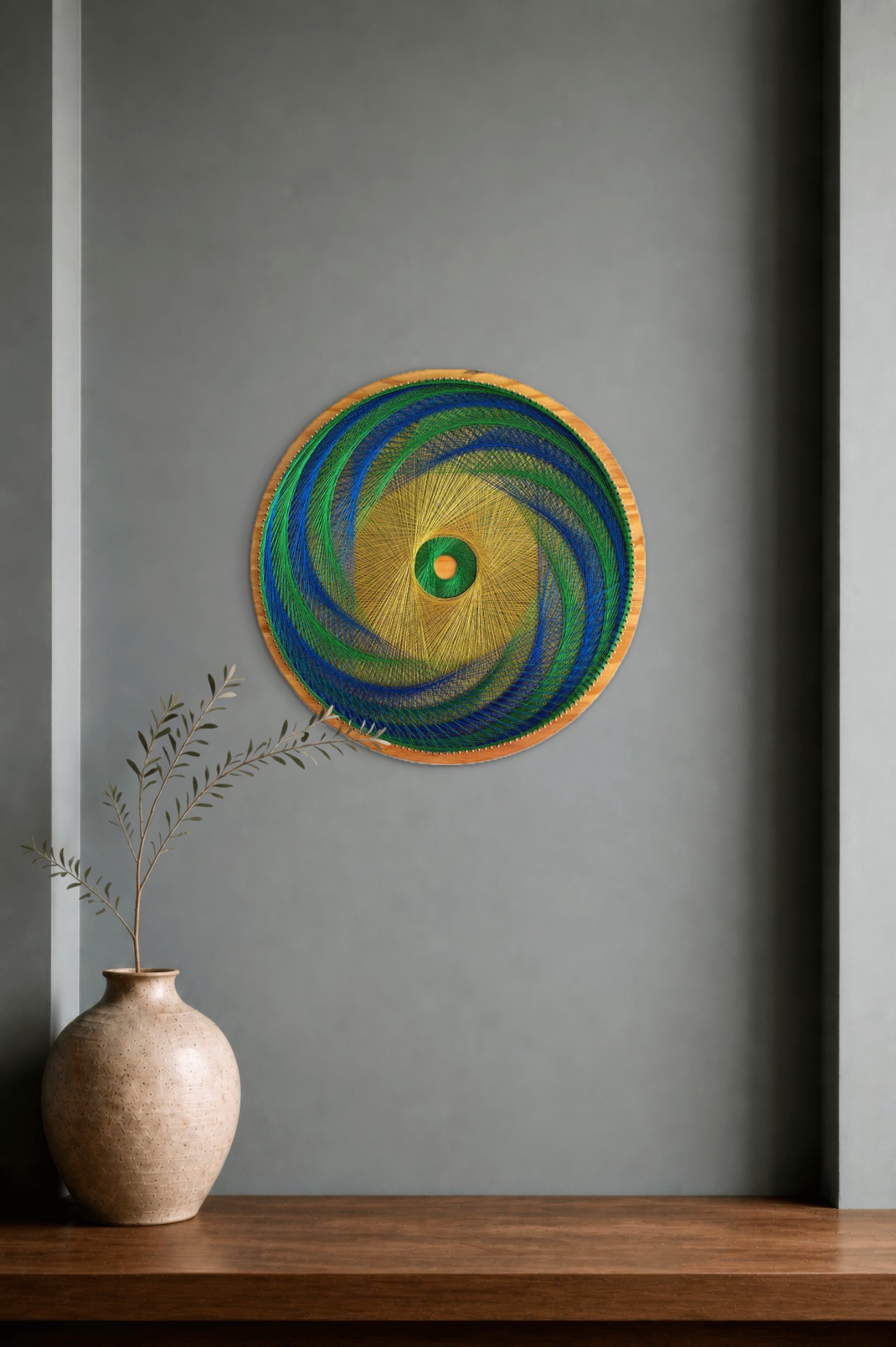 15 inch Blue Green and Gold Spiral String Art by Asja