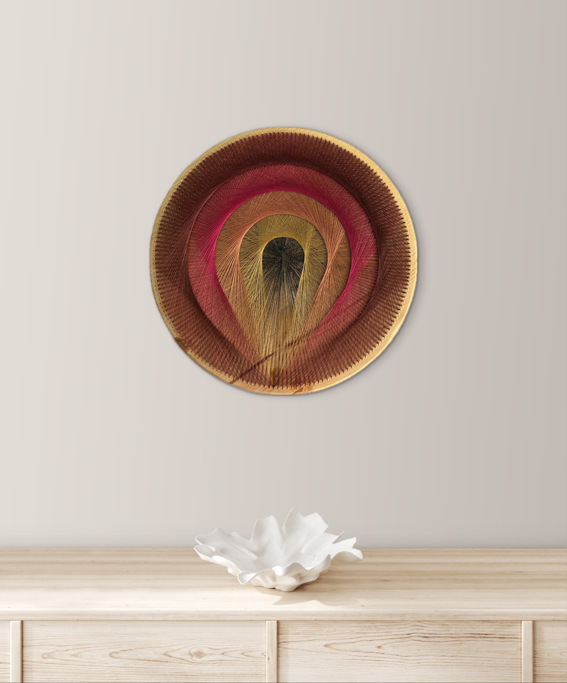 Red Gold Teardrop Spiral String Art on Natural Wood – Handmade Earthy Geometric Wall Art — handmade string art by Asja