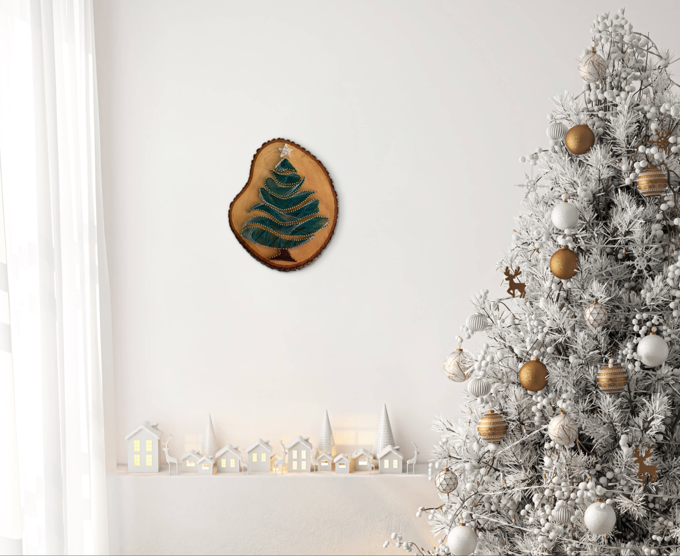 Christmas Tree String Art - Handmade Holiday Wall Art on Live-Edge Wood — handmade string art by Asja