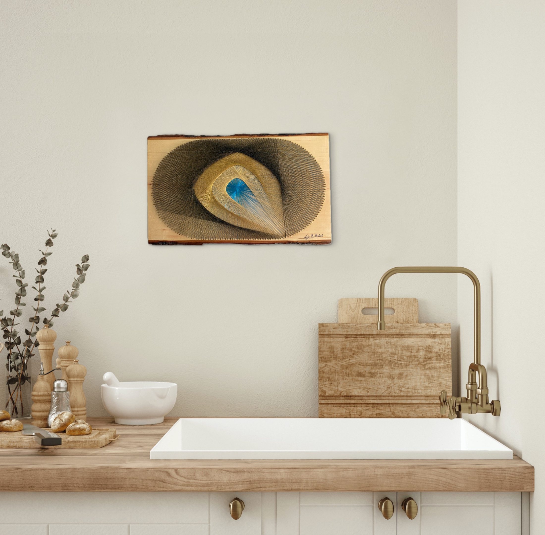 Golden Current String Art - Blue, Gold & Charcoal — handmade string art by Asja