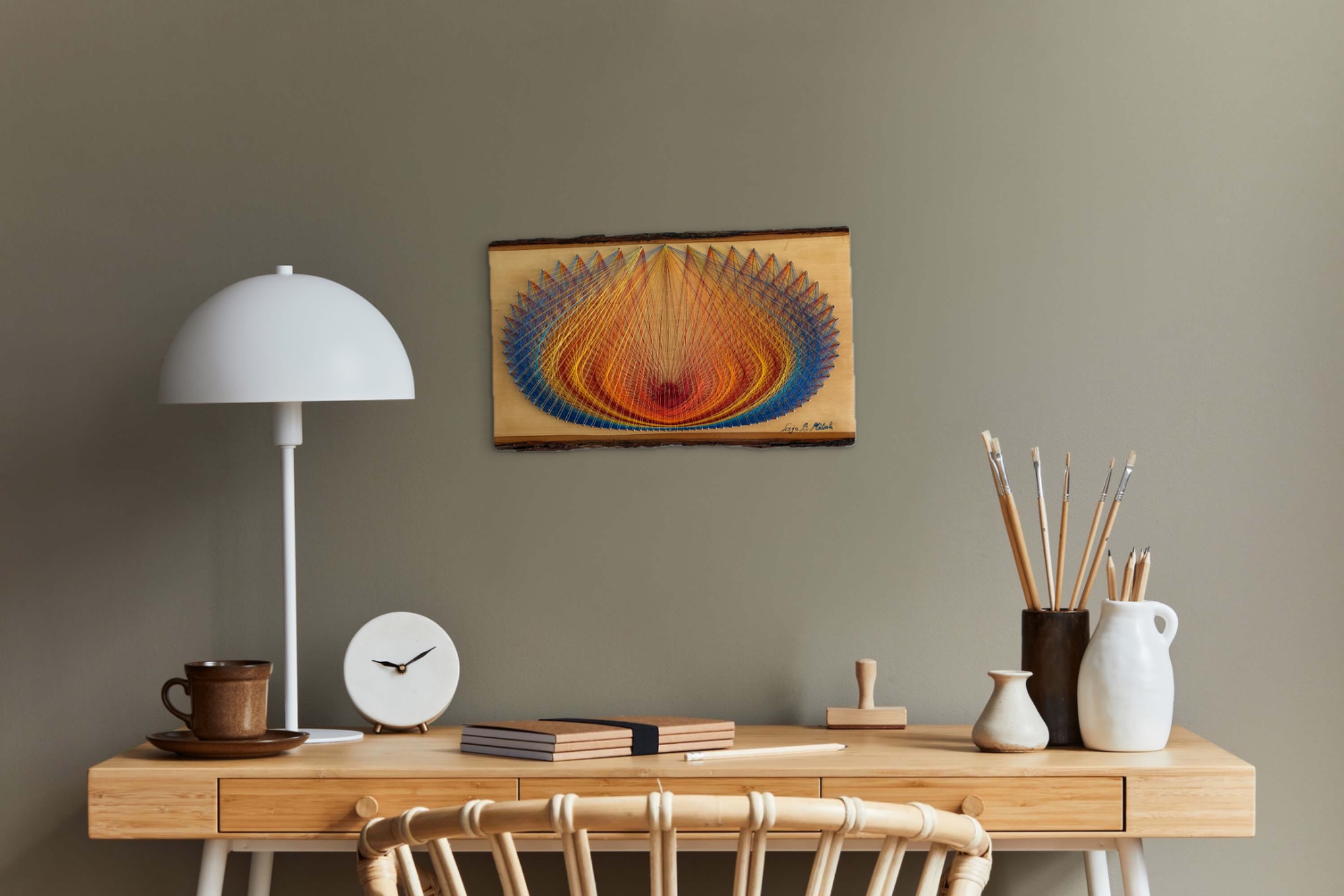 Nature-Inspired String Art - Golden Bloom in Blue & Orange — handmade string art by Asja