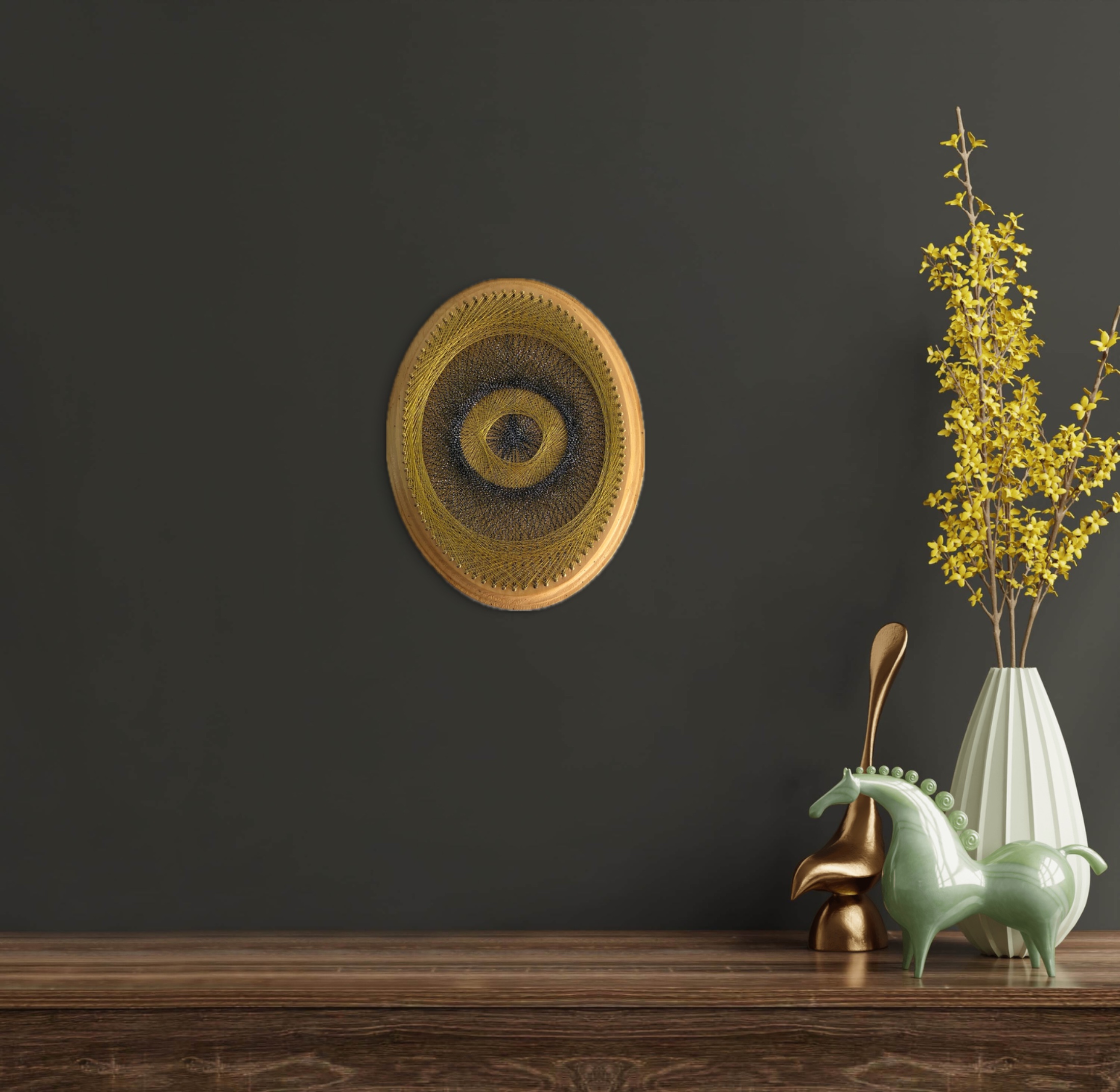 9” Gold & Charcoal Evil Eye String Art - Handmade 3D Dimensional Wall Art — handmade string art by Asja