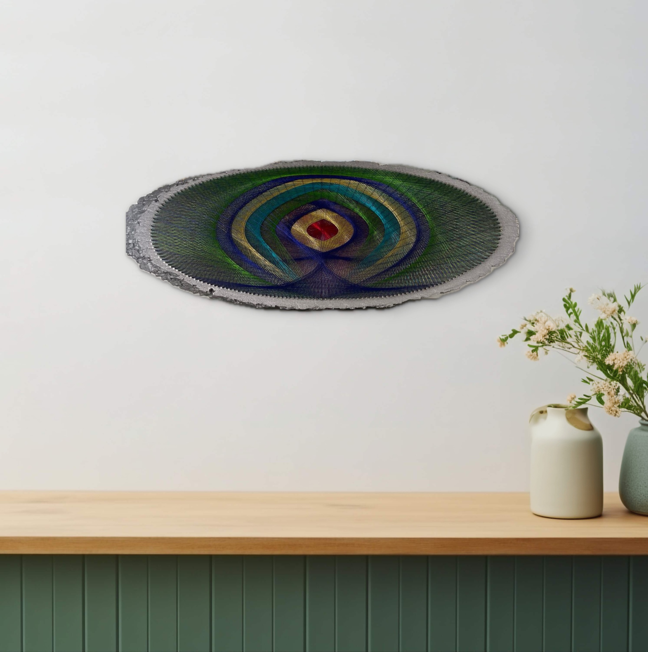 Jewel Tone Eye String Art on Live Edge Wood, Handmade Geometric Wall Art, Boho Statement Decor, One of a Kind Art — handmade string art by Asja